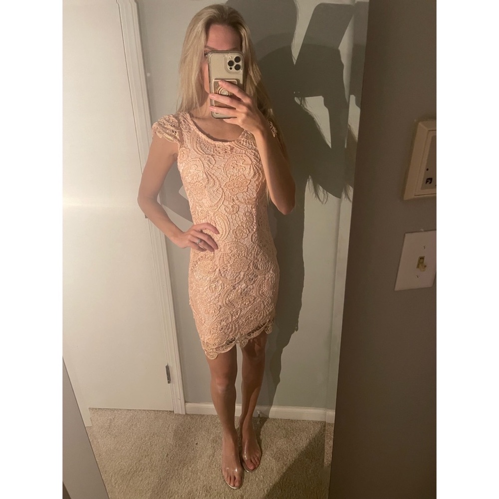 Pink lily blush gold lace dress S